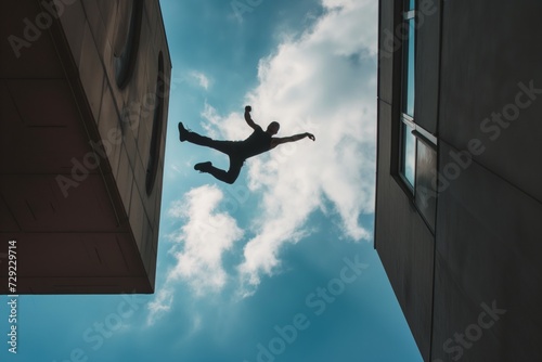 person captured in a flying kick pose while bridging two building gaps photo