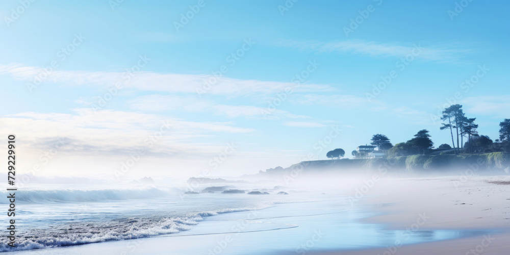 Obraz premium Serene ocean coastline with white mist. Tranquil landscape. Generative AI