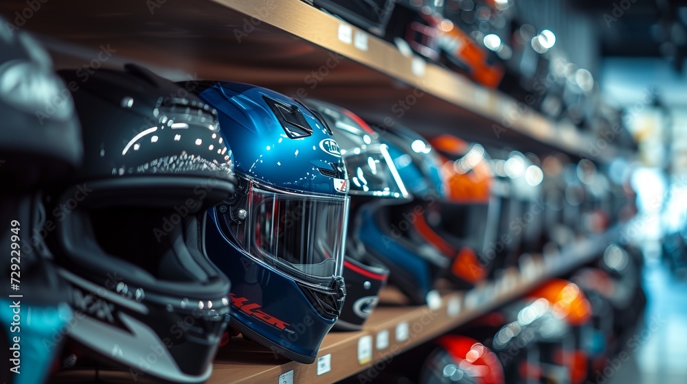 A row of motorcycle helmets are on the shelf in the store.