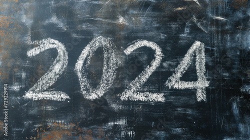 The text "2024" written with white chalk on a blackboard. 