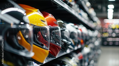 A row of motorcycle helmets are on the shelf in the store. photo