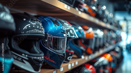 A row of motorcycle helmets are on the shelf in the store. photo
