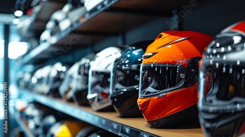 A row of motorcycle helmets are on the shelf in the store. © Zahid