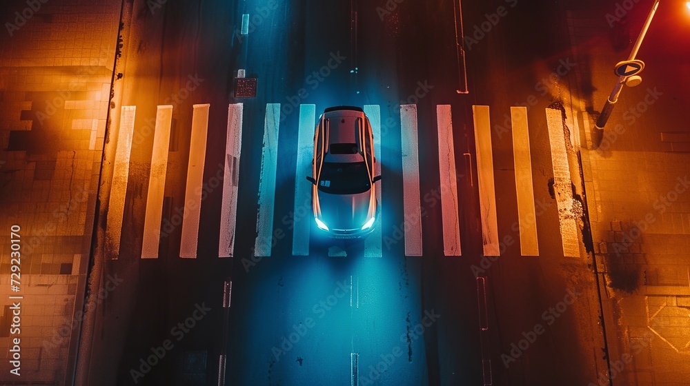 A car with its headlights on drives over a pedestrian crosswalk at night. Top view from drone. - obrazy, fototapety, plakaty 