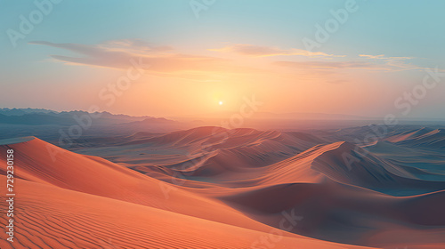 A surreal desert  with mirage-like dunes as the background  during a time-bending sunset