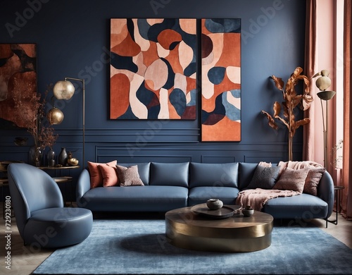 a living room with a colorful painted wall and furniture, in the style of chiaroscuro lighting, rug, distinctive line work, light indigo and bronze, steeliron frame construction, colour materiality, u photo