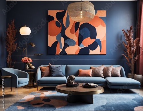 a living room with a colorful painted wall and furniture, in the style of chiaroscuro lighting, rug, distinctive line work, light indigo and bronze, steeliron frame construction, colour materiality, u photo