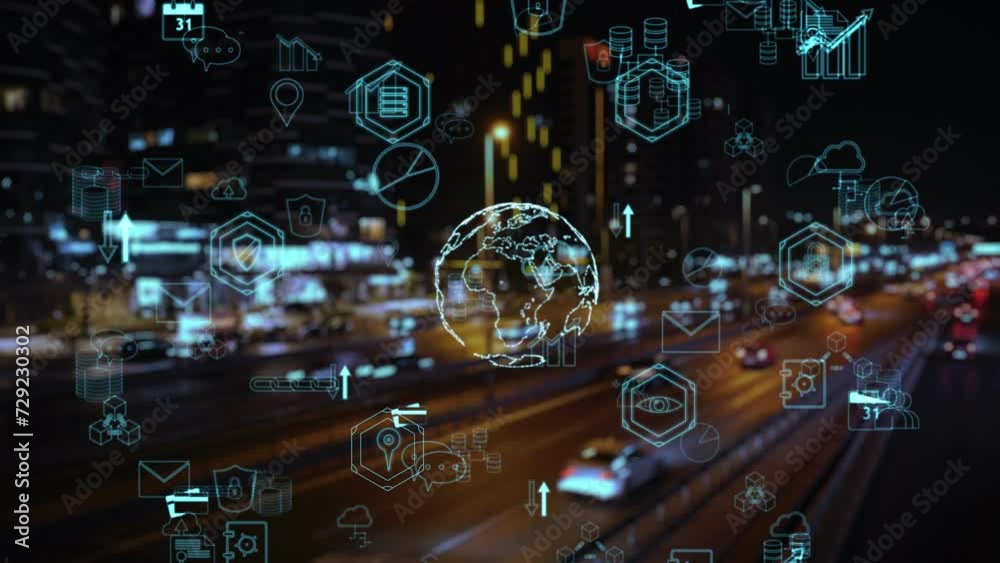 Cg collage on the background of a night city symbols of human activity are moving the globe appears in the center and around it icons with symbols of information protection. Information noise