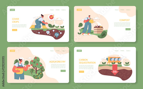 Regenerative Agriculture techniques set. Showcasing cover crops, compost creation, agroforestry integration, and carbon sequestration. Elements for sustainable farming webpages.