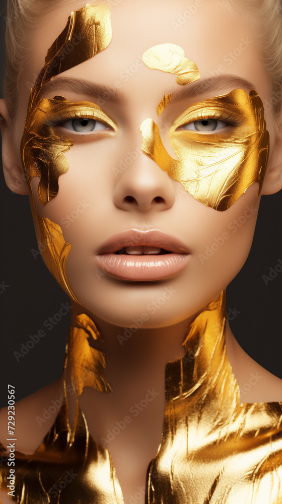 Woman With Gold Paint on Her Face. Luxury beauty concept.