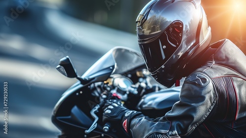 close-up biker in a helmet and leather protective equipment sits on a motorcycle, a sporty fast motorcycle 