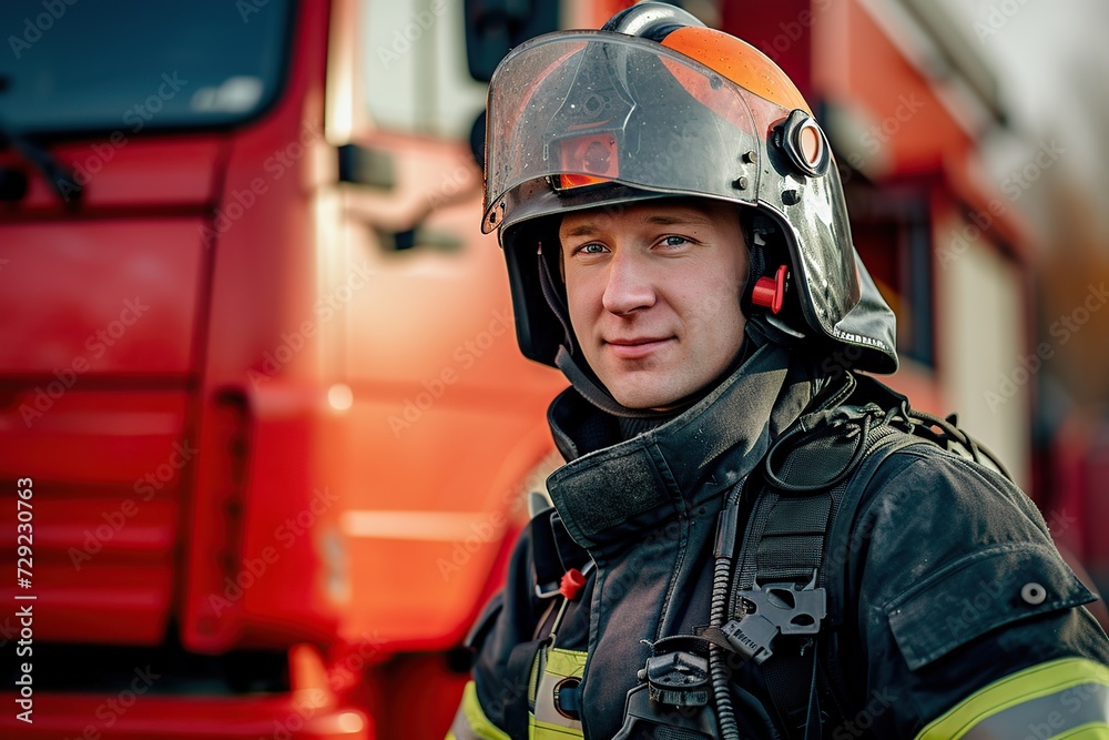 Portrait of firefighter man in uniform and helmet standing near fire engine Portrait of firefighter man in uniform and helmet standing near fire engine