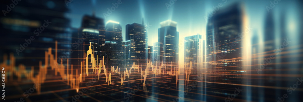 Blurred background of Stock market business concept with financial chart on screen and metropolis. Investment and trading background.