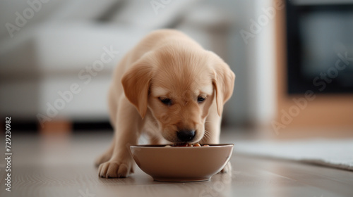 Adorable Puppy Eating From Bowl on Floor