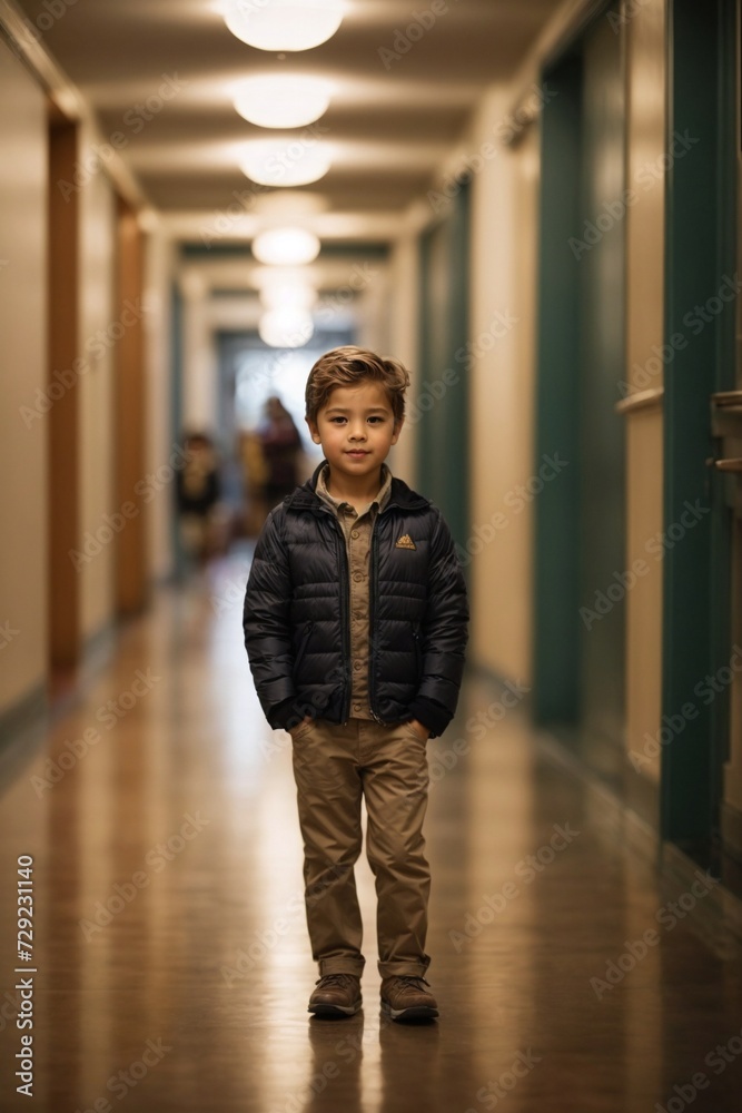 Young Boy Standing in a Hallway, Wearing Backpack. Generative AI.