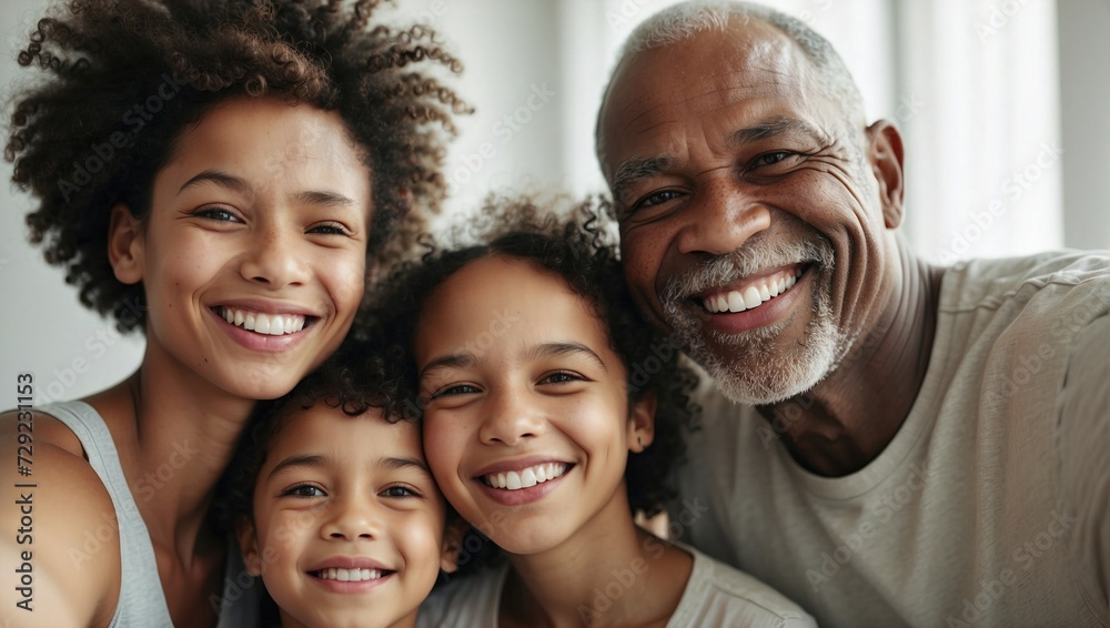 A joyful family with curly-haired children, a smiling woman, and a cheerful older man in a close family portrait, exuding warmth and happiness. A joyful family with curly-haired children, a smiling woman, and a cheerful older man in a close family portrait, exuding warmth and happiness.