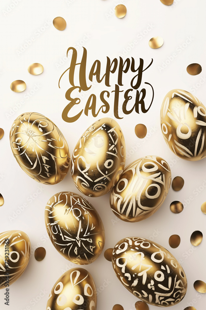 Naklejka premium Happy Easter calligraphy greeting card with golden easter eggs background, Pascha or Resurrection Sunday