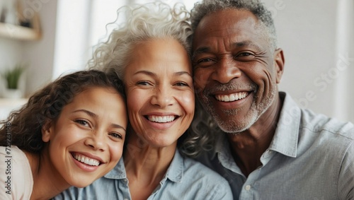 A close-knit family portrait featuring an older man and woman with curly white hair , all sharing a joyful family moment.