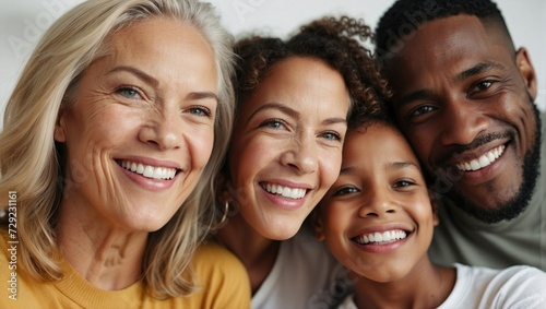 Happy family with two women, a man, and a child smiling together in a close-up family portrait, radiating warmth and togetherness.