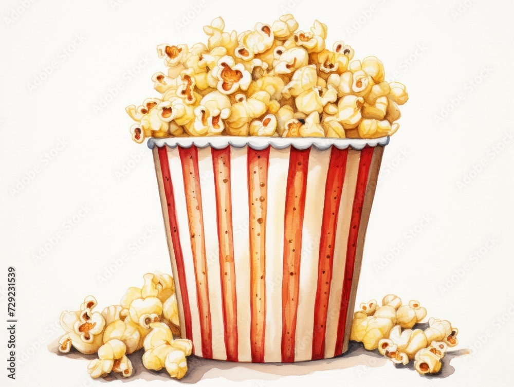 A Painting of a Popcorn Bucket Filled With Popcorn. Watercolor illustration. Card. A Painting of a Popcorn Bucket Filled With Popcorn. Watercolor illustration. Card.