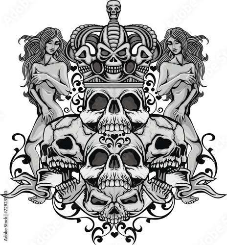 Gothic sign with skull and antique girl, grunge vintage design t shirts
