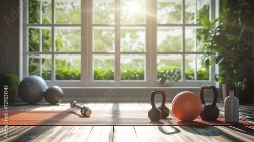 Exercise mat, kettlebell, dumbbells, fitness ball, and bottle by the window in a large room photo