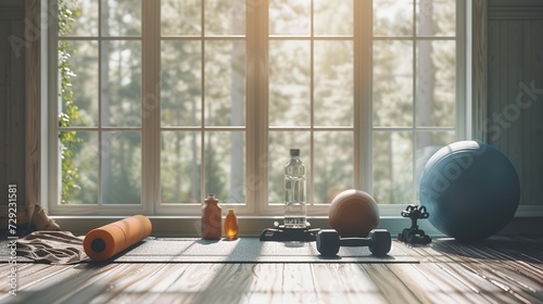 Exercise mat, kettlebell, dumbbells, fitness ball, and bottle by the window in a large room