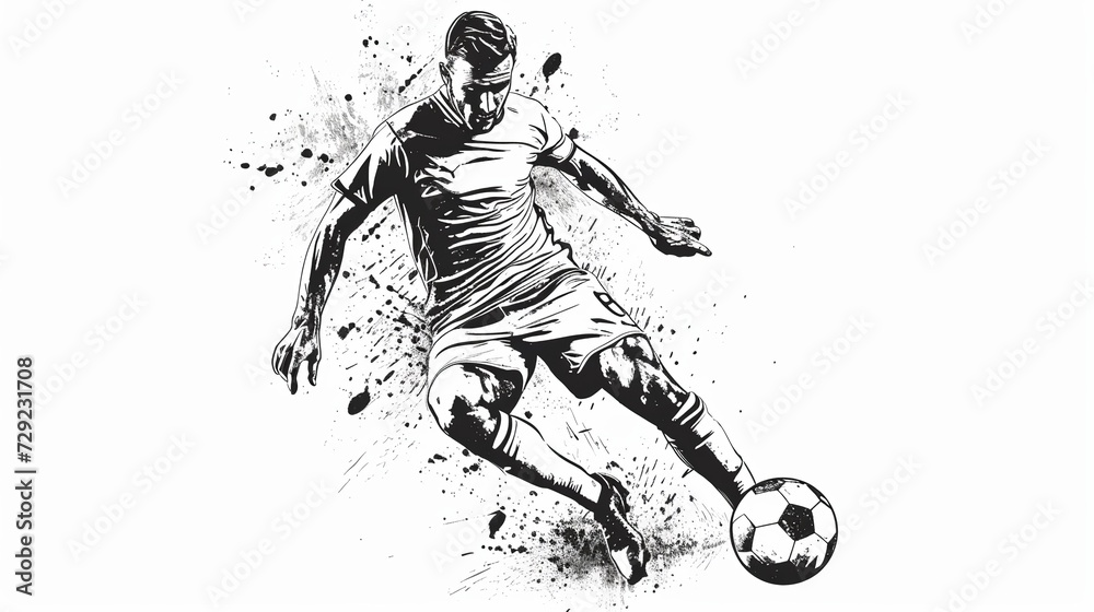 football soccer player man in action isolated white background. Vector illustration, black and white 