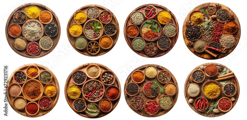 Fototapeta Naklejka Na Ścianę i Meble -  set of arranged Indian spices and herbs on wooden circular boards 