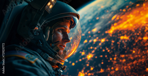 Astronaut im Weltall im Hintergrund der Planet Erde mit seinen leuchtenden Städten