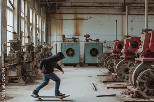 skater pushing past a line of abandoned factory equipment photo