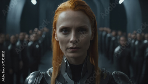  a warrior woman with red hair and a black suit stands in a room full of people,
