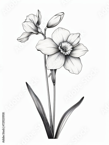 Black and white line drawing of daffodils