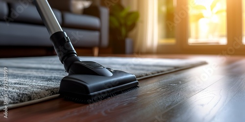Cleaning carpet with vacuum cleaner in living room at sunny day.