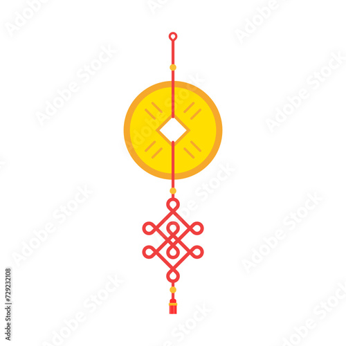chinese new year feng shui coins batch red ribbon. Chinese hanging talisman with red knot, ancient Feng Shui coins and tassels. Asian traditionsl. New Year symbol of good fortune