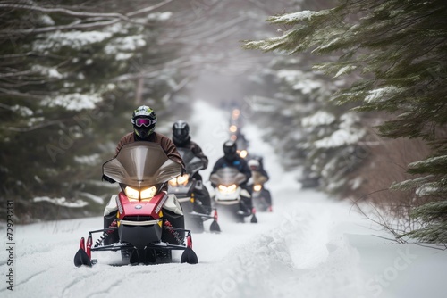 snowmobile convoy following a trail through the woods