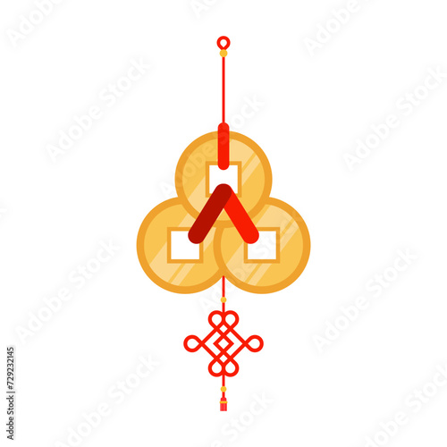 chinese new year feng shui coins batch red ribbon. Chinese hanging talisman with red knot, ancient Feng Shui coins and tassels. Asian traditionsl. New Year symbol of good fortune