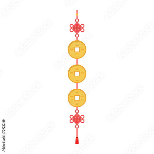 chinese new year feng shui coins batch red ribbon. Chinese hanging talisman with red knot, ancient Feng Shui coins and tassels. Asian traditionsl. New Year symbol of good fortune