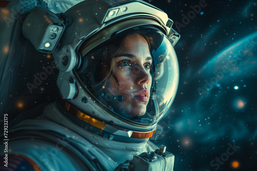 Astronautin im Weltall beeindruckt von der Schönheit des Universums © stockmotion