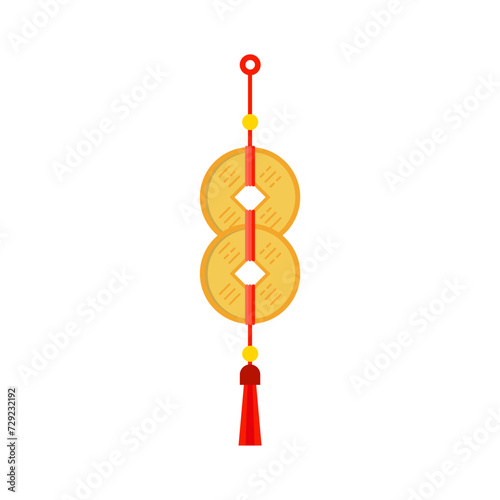 chinese new year feng shui coins batch red ribbon. Chinese hanging talisman with red knot, ancient Feng Shui coins and tassels. Asian traditionsl. New Year symbol of good fortune