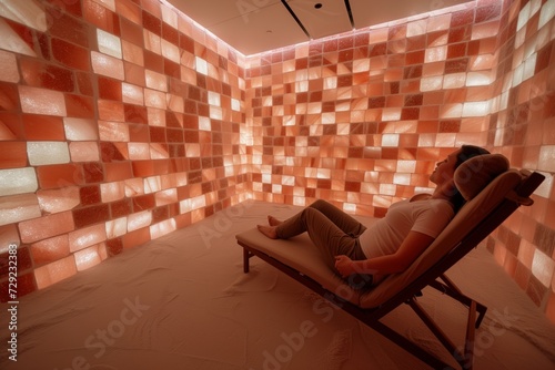 salt room with walls of pink salt bricks and reclining client photo