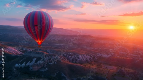 Breathtaking Turkish mountains at dusk with a hot air balloon soaring amidst the colorful hues of the setting sun, creating a magical and enchanting vista Generative AI