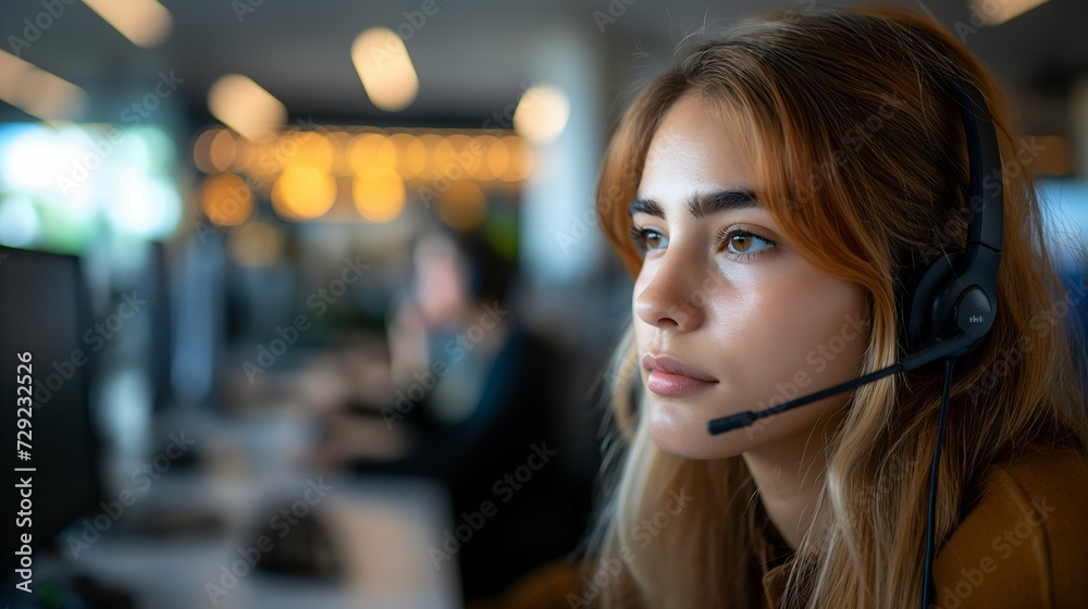 Portrait of young female customer support phone operator with headset in office Portrait of young female customer support phone operator with headset in office