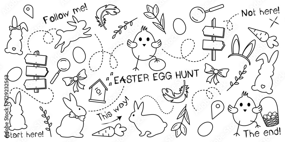 Doodle set for Easter egg hunt without background, children's style. Easter quest card with cute bunny, chick, eggs and tulips. Cartoon vector doodle set hand-drawn of traditional Easter items. Doodle set for Easter egg hunt without background, children's style. Easter quest card with cute bunny, chick, eggs and tulips. Cartoon vector doodle set hand-drawn of traditional Easter items.
