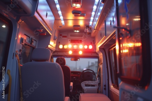 pov shot from inside an ambulance looking out at flashing strobes photo