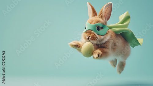 Superhero easter bunny flying with green cape and egg on pastel blue background, copy space. photo