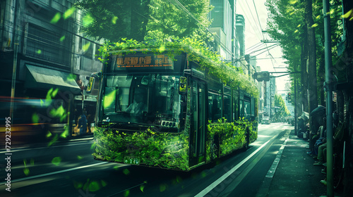 Gr  ne Energie bei Bussen und   ffentlichen Verkehrsmittel sowie Fahrrad aus Gras gr  n und nachhaltiger Transport urban Generative AI