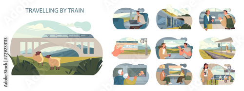 Travelling by Train set. A panorama of rail travel experiences. Commuters and vacationers, serene landscapes, bustling stations. Modern journey comfort.
