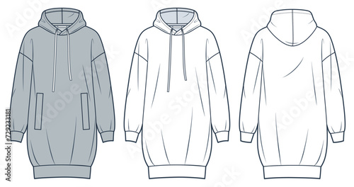 T-Shirt Dress technical fashion illustration. Hooded Dress fashion flat technical drawing template, pockets, relaxed fit, front, back view, white, grey, women, men, unisex Sweatshirt CAD mockup set.
