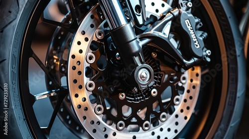 Motorcycle brake disc on a wheel close-up